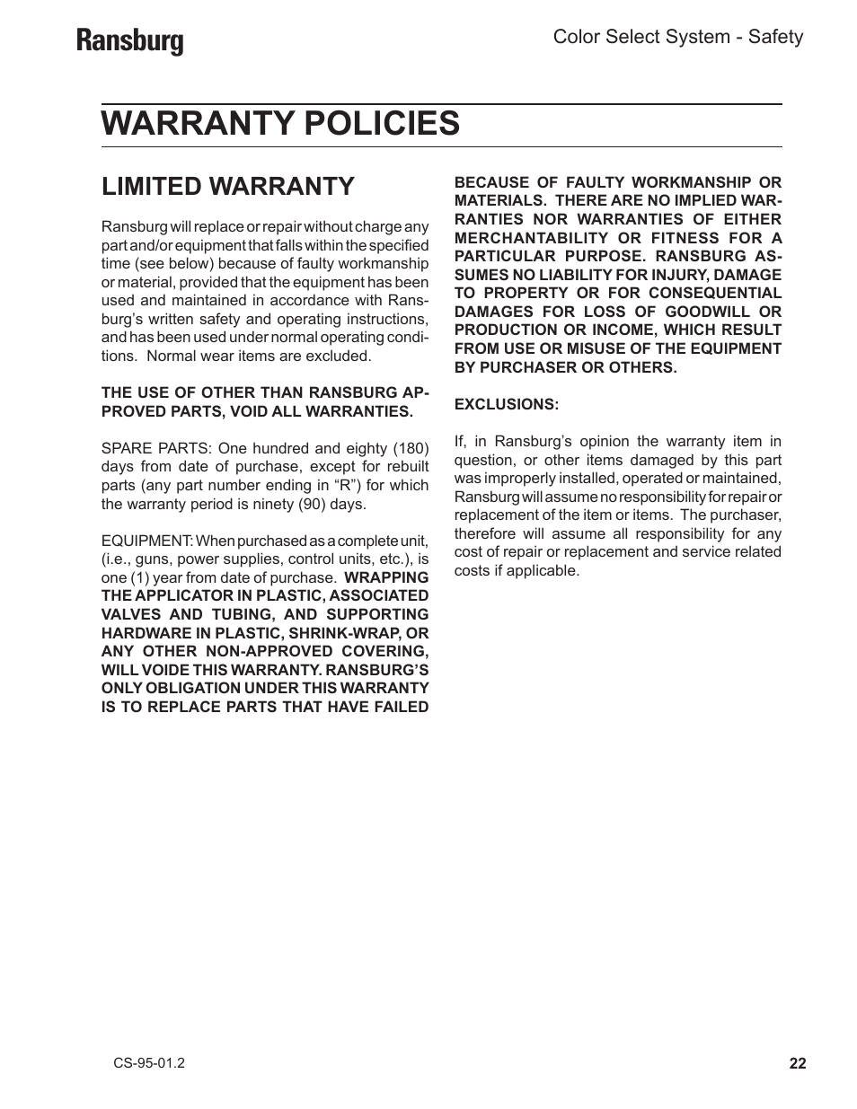 Warranty policies, Ransburg, Limited warranty | Ransburg Color Select System CCV-6100 User Manual | Page 24 / 25