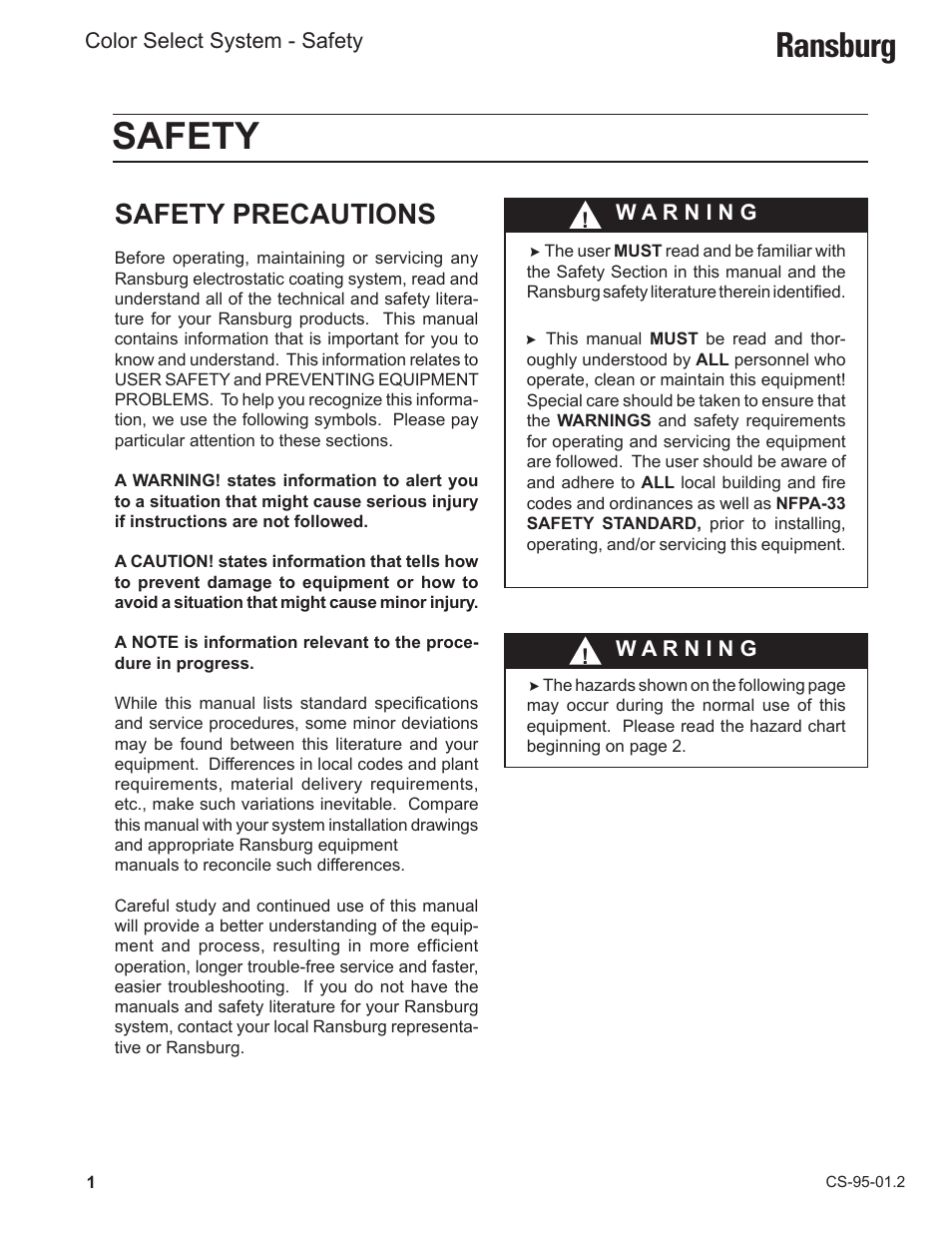 Safety, Ransburg, Safety precautions | Ransburg Color Select System CCV-6100 User Manual | Page 3 / 25