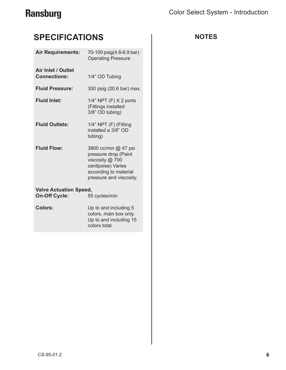 Ransburg, Specifications | Ransburg Color Select System CCV-6100 User Manual | Page 8 / 25