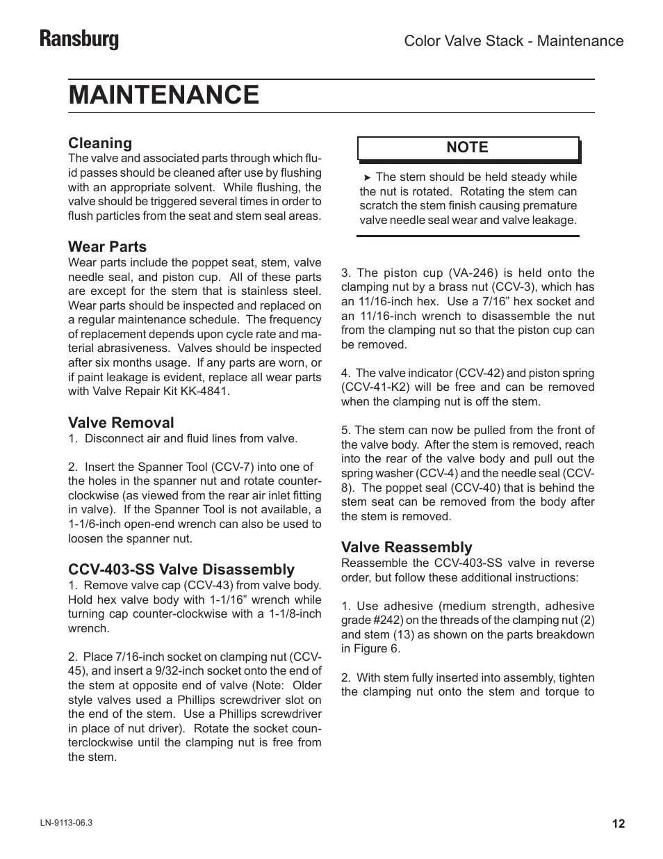 Maintenance, Ransburg | Ransburg Color Valve Stack CCV-5100 User Manual | Page 15 / 27
