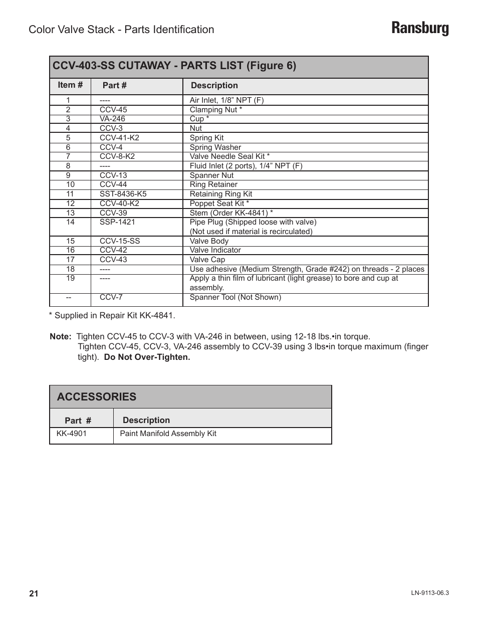 Ransburg, Ccv-403-ss cutaway - parts list (figure 6), Accessories | Color valve stack - parts identification | Ransburg Color Valve Stack CCV-5100 User Manual | Page 24 / 27