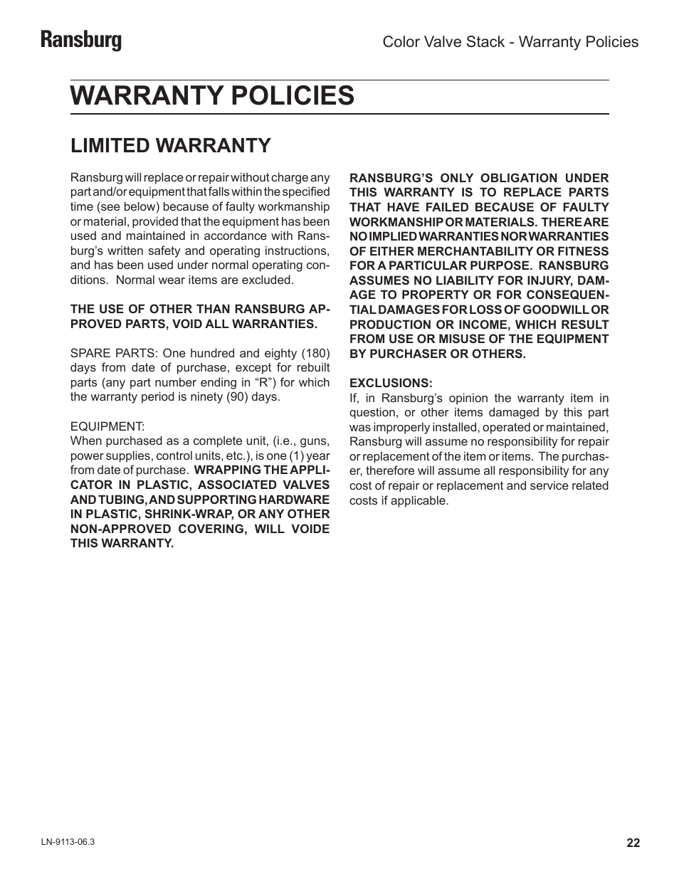 Warranty policies, Ransburg, Limited warranty | Ransburg Color Valve Stack CCV-5100 User Manual | Page 25 / 27