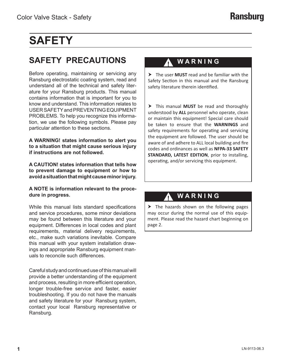Safety, Ransburg, Safety precautions | Ransburg Color Valve Stack CCV-5100 User Manual | Page 4 / 27