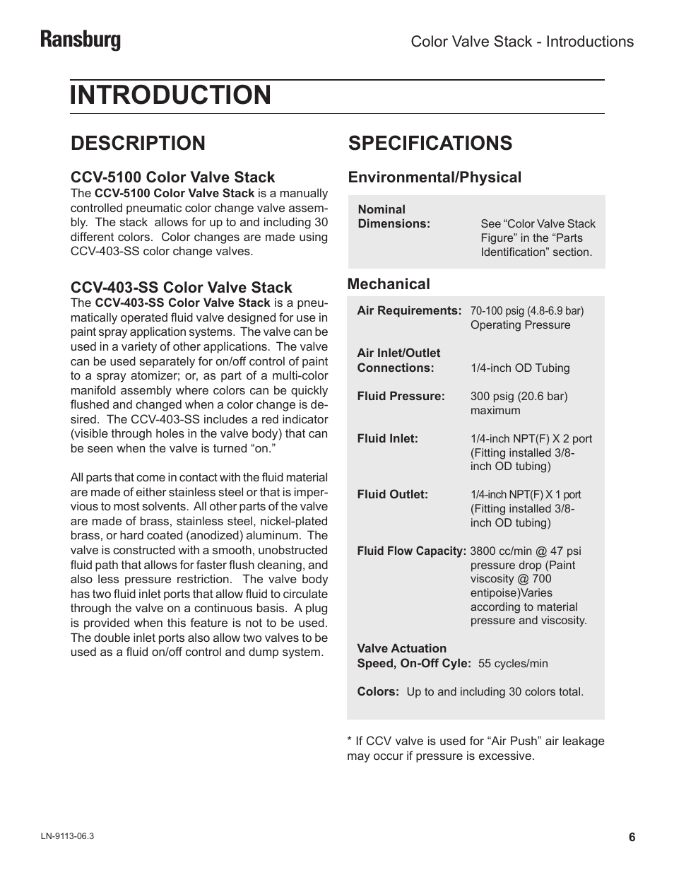 Introduction, Ransburg, Specifications | Description, Ccv-5100 color valve stack, Ccv-403-ss color valve stack, Environmental/physical mechanical, Color valve stack - introductions | Ransburg Color Valve Stack CCV-5100 User Manual | Page 9 / 27
