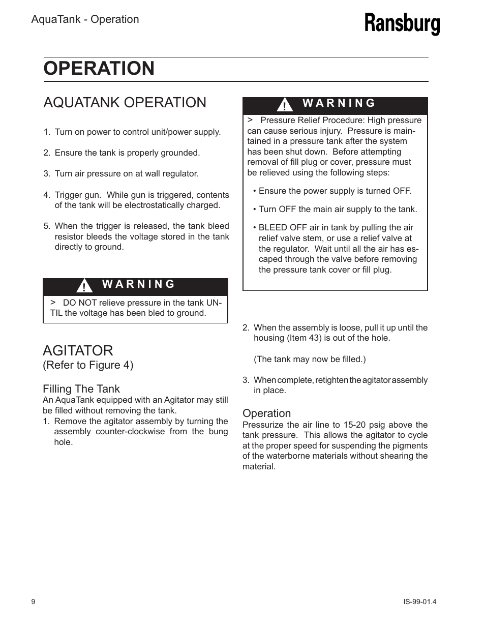 Operation, Aquatank operation, Agitator | Ransburg AquaTank User Manual | Page 12 / 22