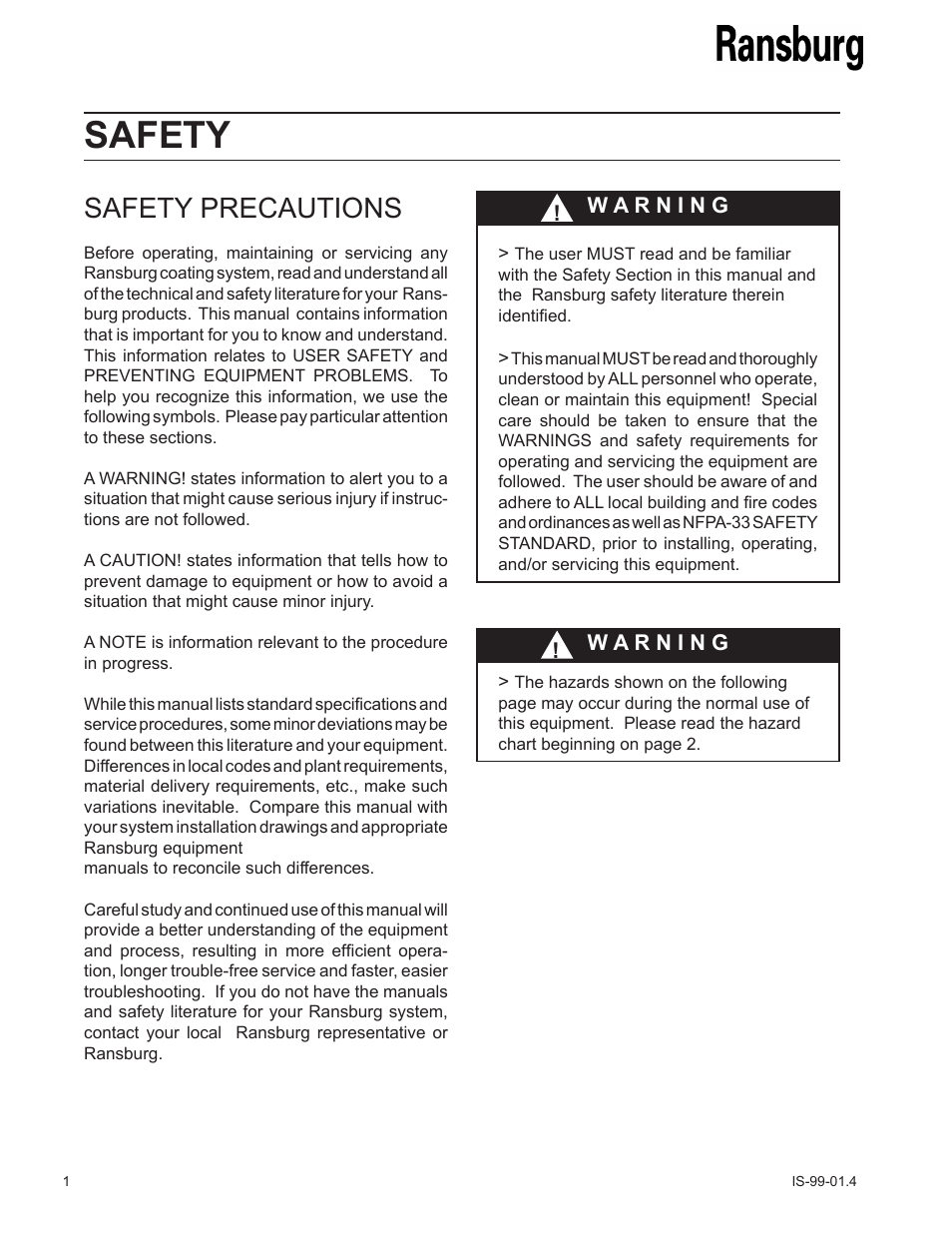 Safety, Safety precautions | Ransburg AquaTank User Manual | Page 4 / 22
