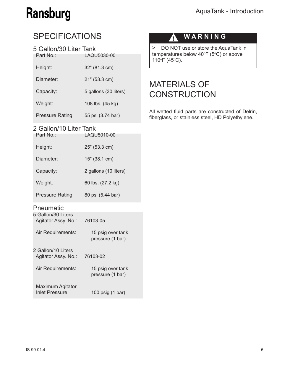 Specifications, Materials of construction, Aquatank - introduction | Pneumatic, 5 gallon/30 liter tank, 2 gallon/10 liter tank | Ransburg AquaTank User Manual | Page 9 / 22