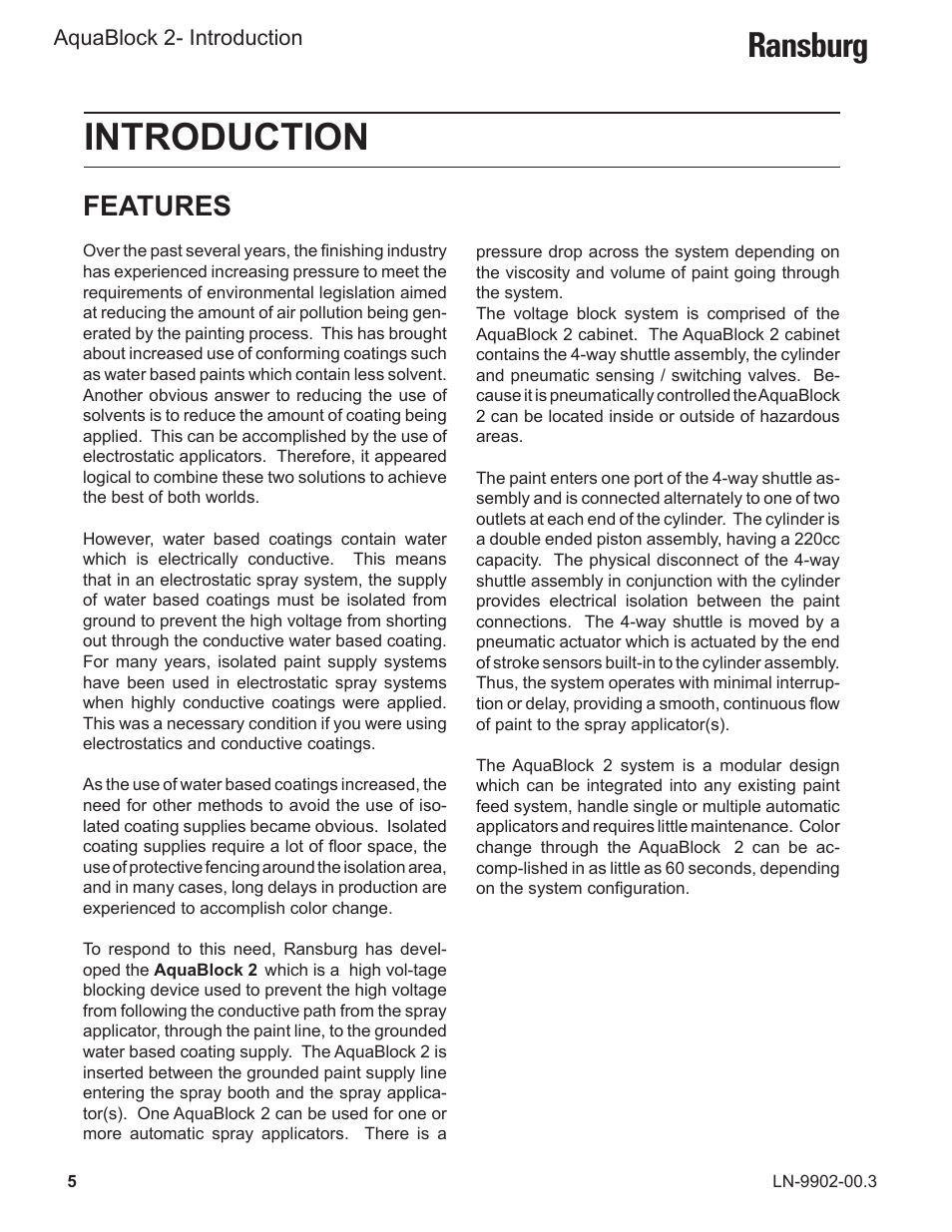 Introduction, Ransburg, Features | Aquablock 2- introduction | Ransburg AquaBlock2 A12148-XX User Manual | Page 10 / 56