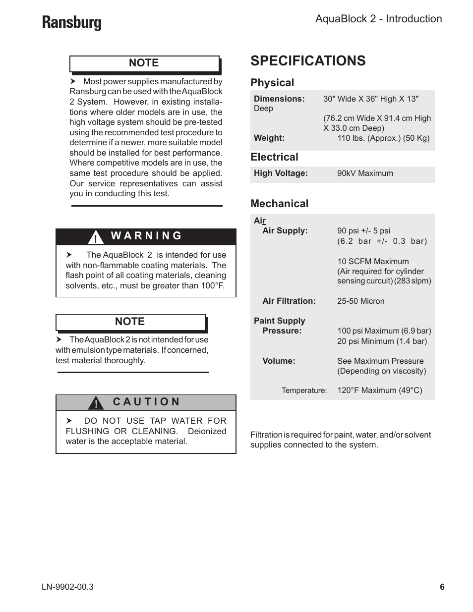 Ransburg, Specifications, Aquablock 2 - introduction | Ransburg AquaBlock2 A12148-XX User Manual | Page 11 / 56