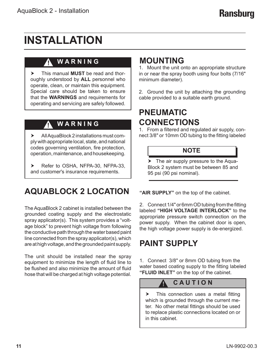 Installation, Ransburg, Aquablock 2 location | Mounting, Pneumatic connections, Paint supply | Ransburg AquaBlock2 A12148-XX User Manual | Page 16 / 56
