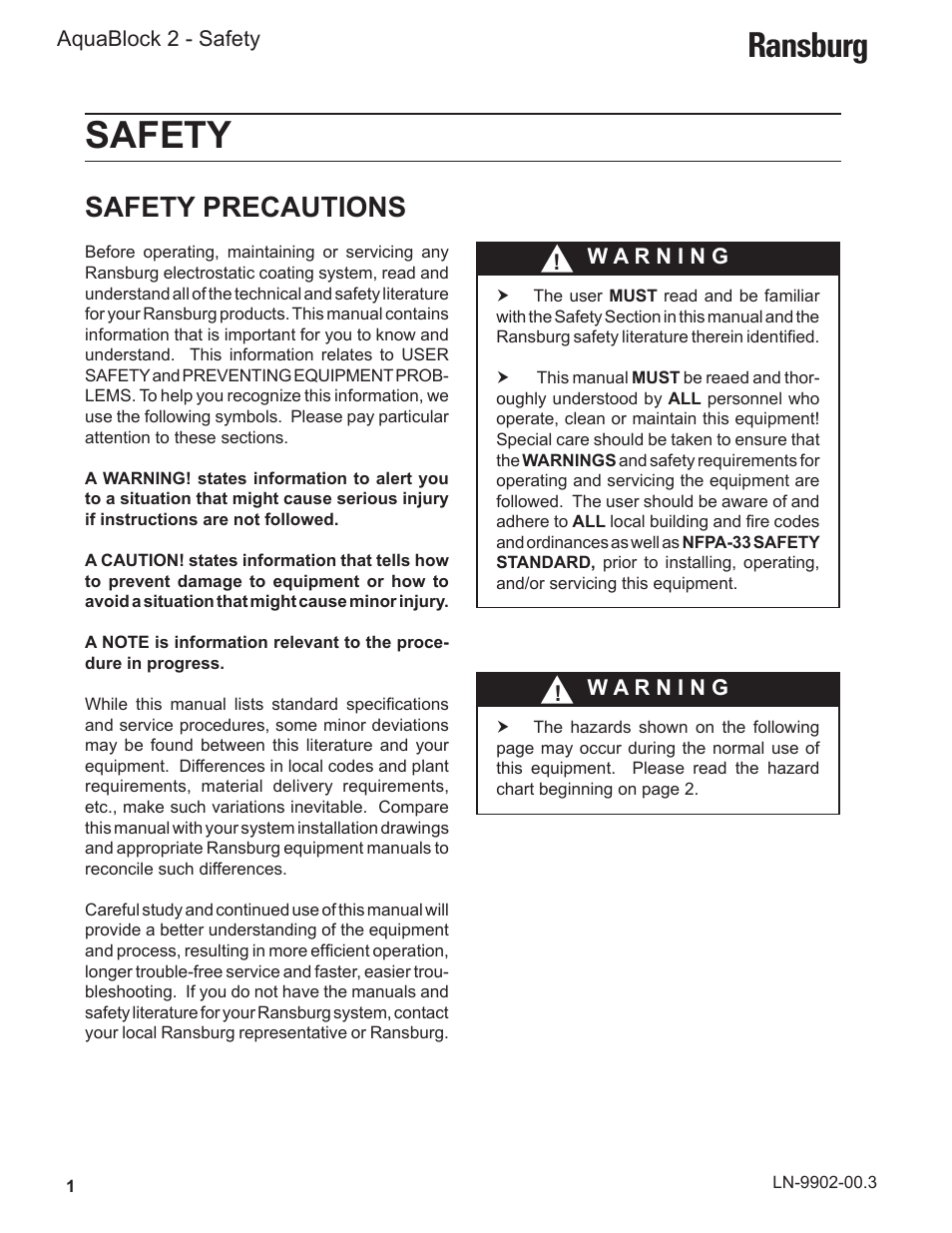 Safety, Ransburg, Safety precautions | Ransburg AquaBlock2 A12148-XX User Manual | Page 6 / 56