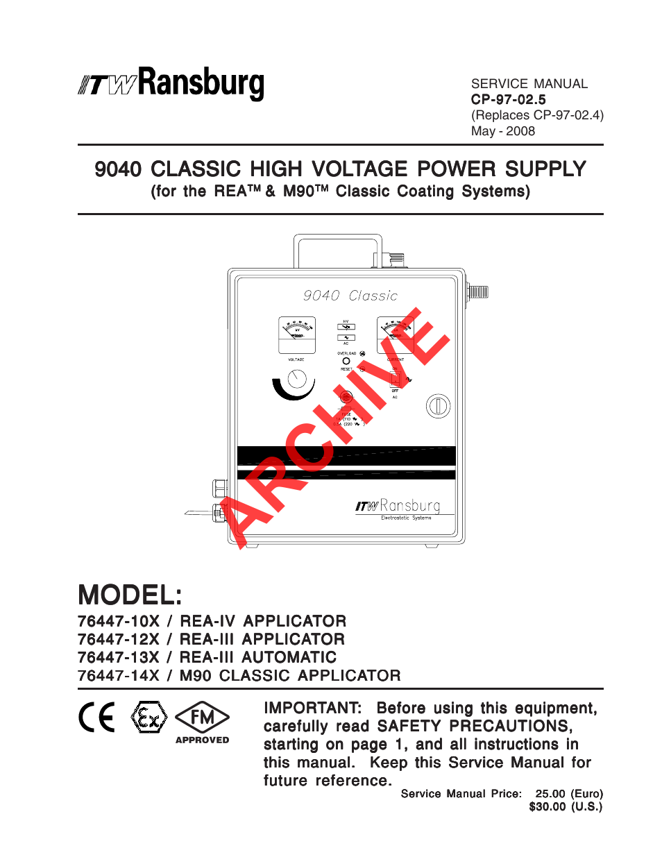 Ransburg 9040 Classic HV Power Supply 76447 User Manual | 44 pages