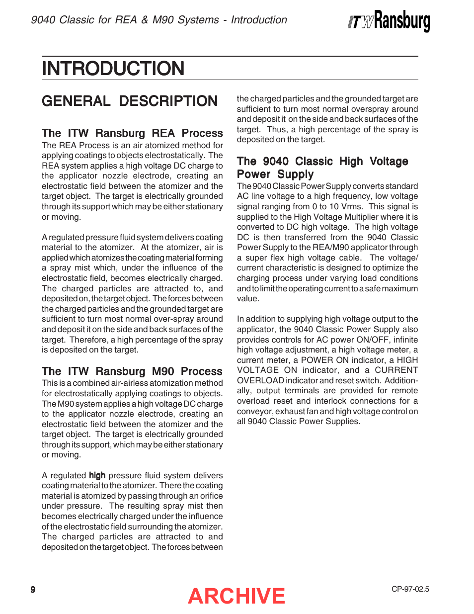 Introduction, Archive, General description | Ransburg 9040 Classic HV Power Supply 76447 User Manual | Page 12 / 44