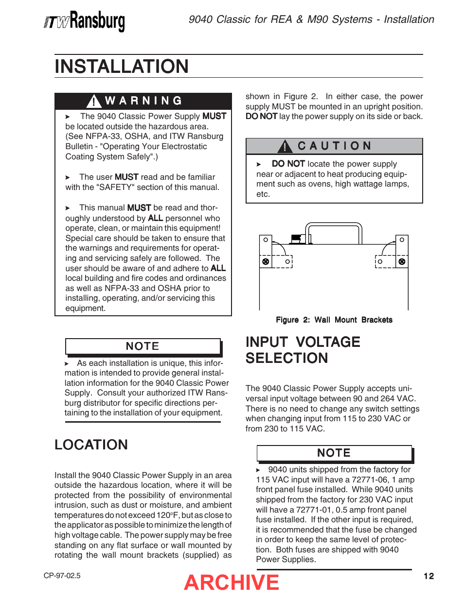 Installation, Archive, Inst | Loca, Loca location tion tion tion tion, Input | Ransburg 9040 Classic HV Power Supply 76447 User Manual | Page 15 / 44