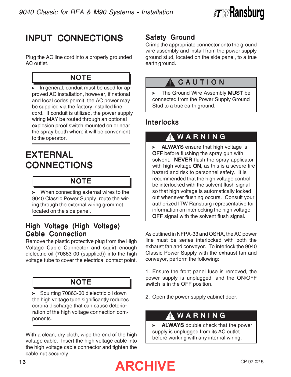 Archive, Input connections, External | Ransburg 9040 Classic HV Power Supply 76447 User Manual | Page 16 / 44