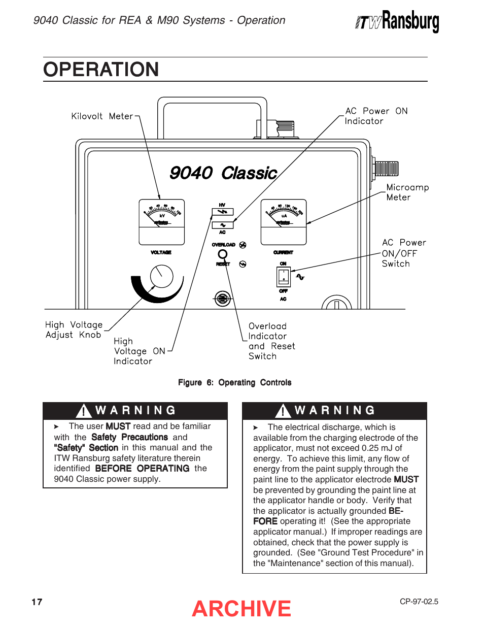 Operation, Archive, Opera | Opera operation tion tion tion tion | Ransburg 9040 Classic HV Power Supply 76447 User Manual | Page 20 / 44