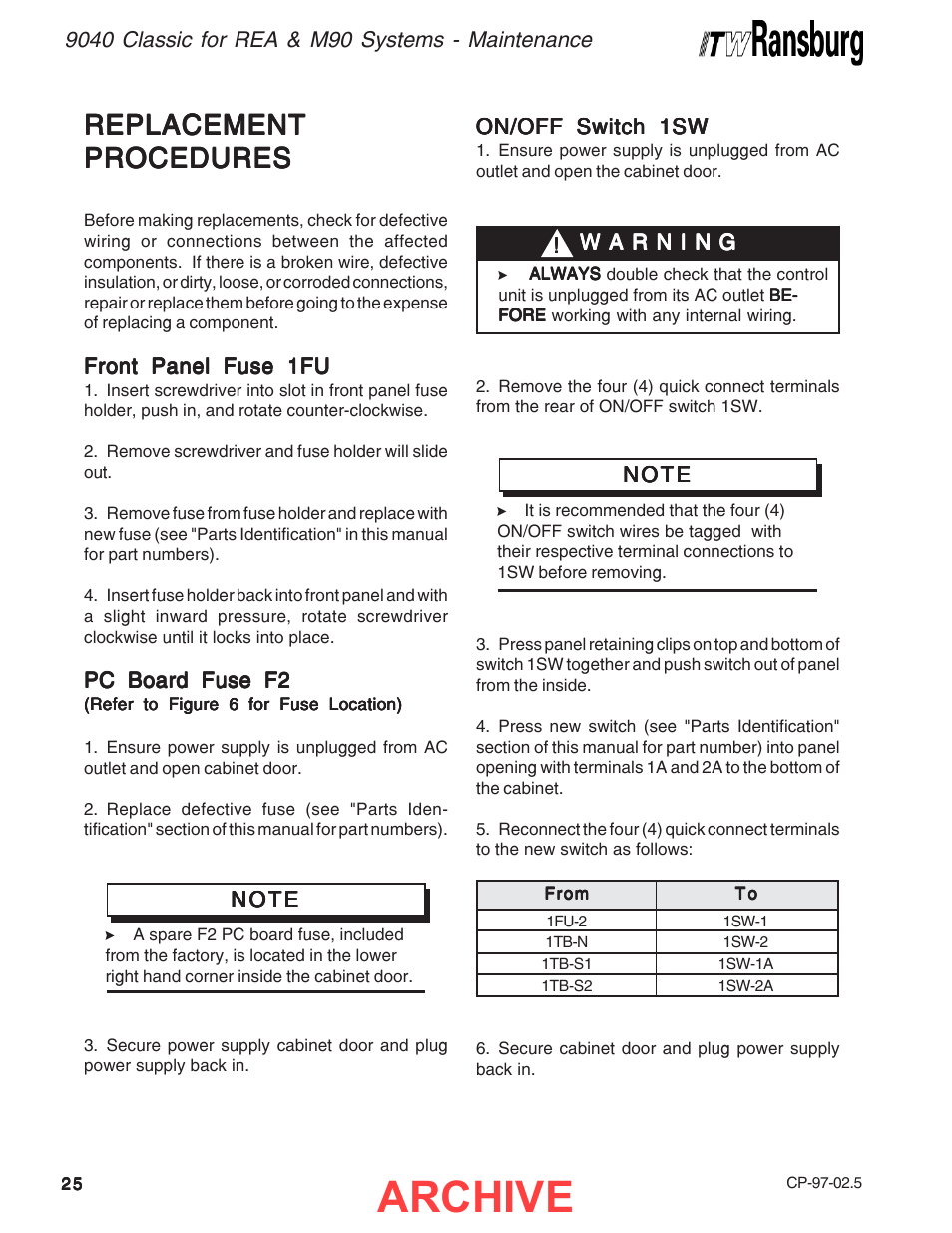 Archive, Replacement | Ransburg 9040 Classic HV Power Supply 76447 User Manual | Page 28 / 44