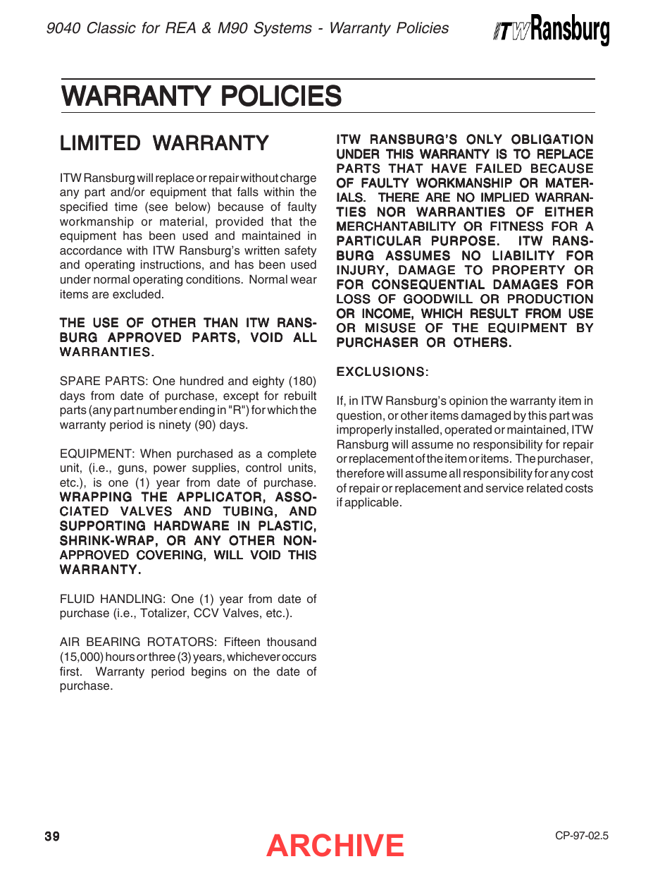 Warranty policies, Archive, Limited w | Ransburg 9040 Classic HV Power Supply 76447 User Manual | Page 42 / 44