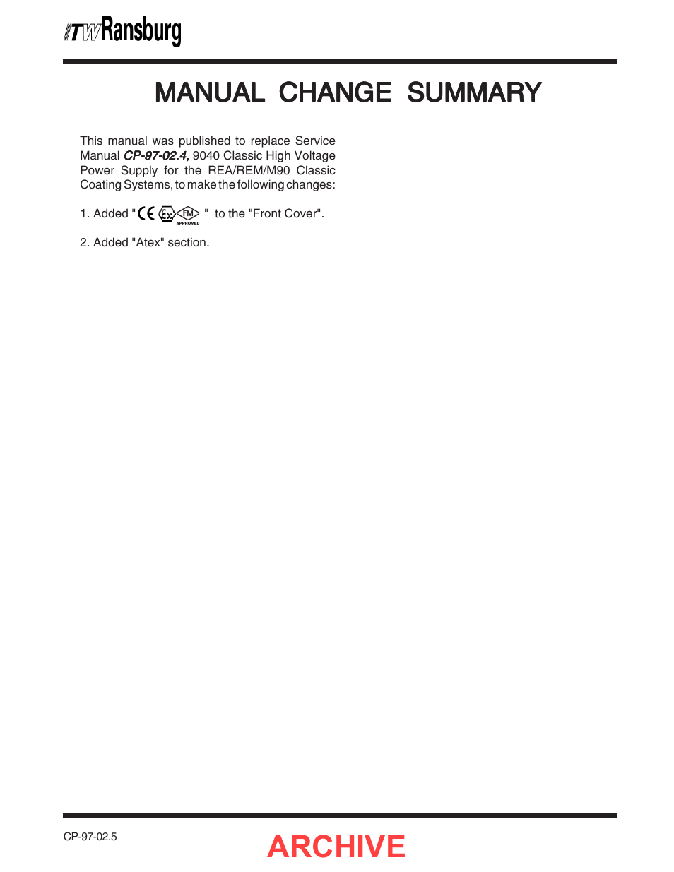 Manual change summary, Archive, Manual | Ransburg 9040 Classic HV Power Supply 76447 User Manual | Page 43 / 44