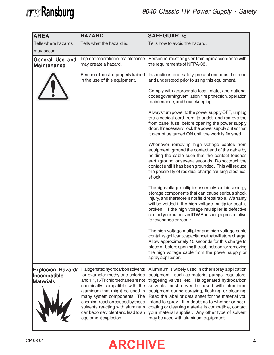 Archive, 9040 classic hv power supply - safety | Ransburg 9040 Classic HV Power Supply 77070-33 User Manual | Page 7 / 40