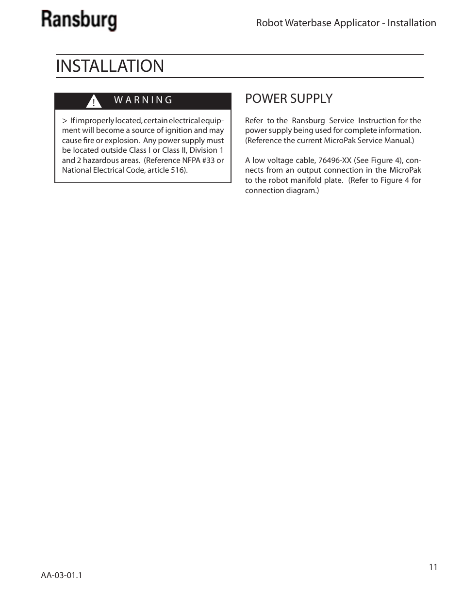 Installation, Power supply | Ransburg Evolver Water Applicator 78863-90, 78863-60 User Manual | Page 15 / 60