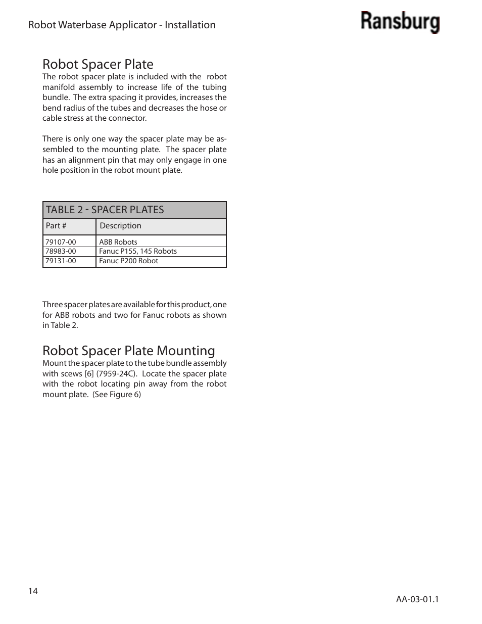 Robot spacer plate, Robot spacer plate mounting | Ransburg Evolver Water Applicator 78863-90, 78863-60 User Manual | Page 18 / 60