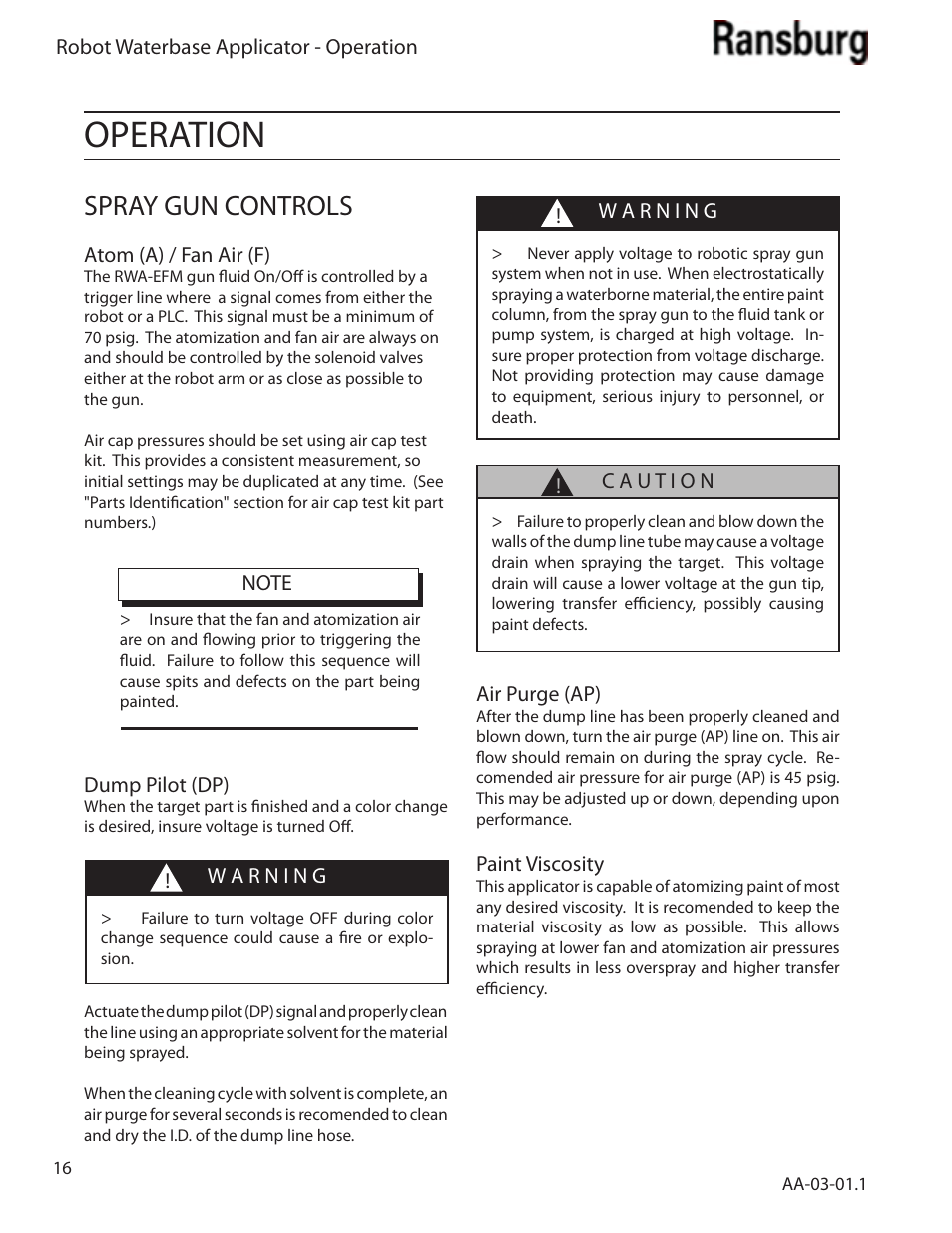 Operation, Spray gun controls | Ransburg Evolver Water Applicator 78863-90, 78863-60 User Manual | Page 20 / 60