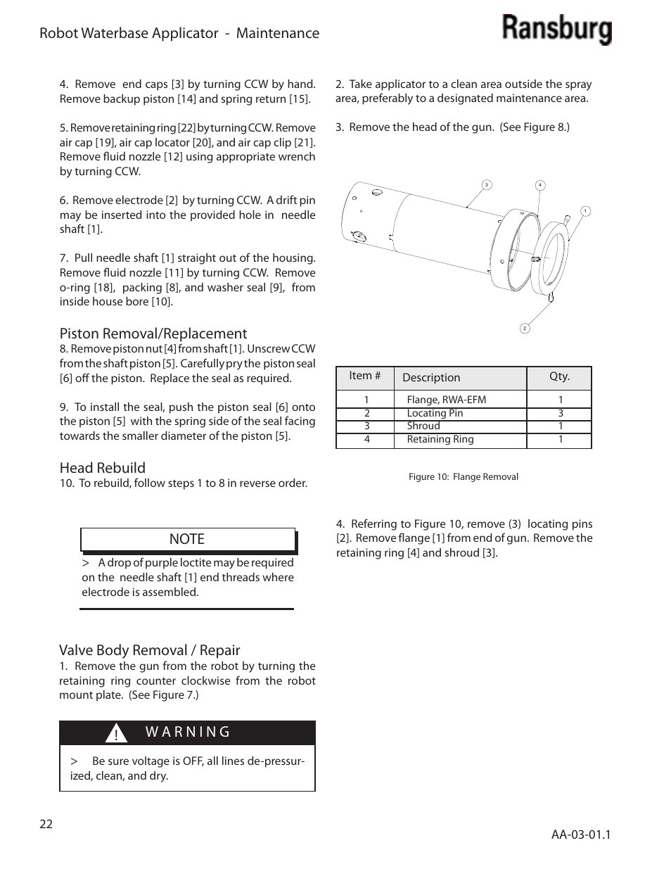 Robot waterbase applicator - maintenance, Piston removal/replacement, Head rebuild | Ransburg Evolver Water Applicator 78863-90, 78863-60 User Manual | Page 26 / 60