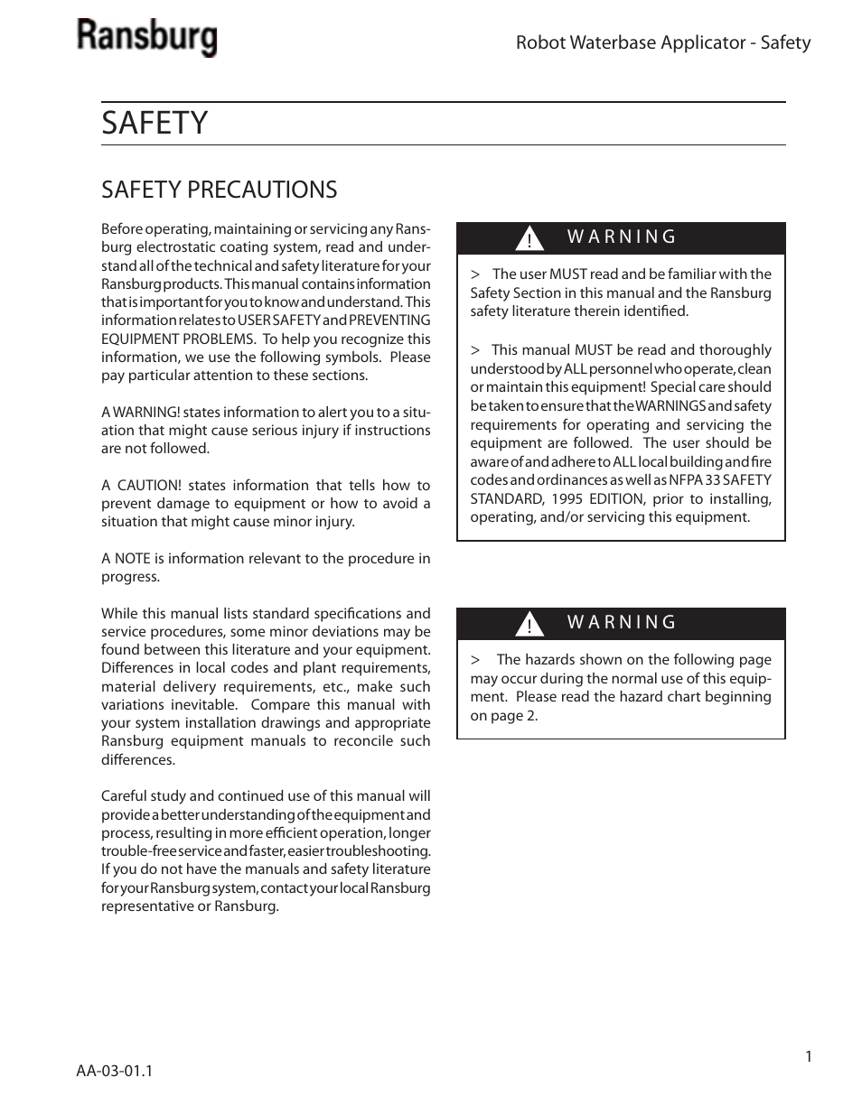 Safety, Safety precautions | Ransburg Evolver Water Applicator 78863-90, 78863-60 User Manual | Page 5 / 60