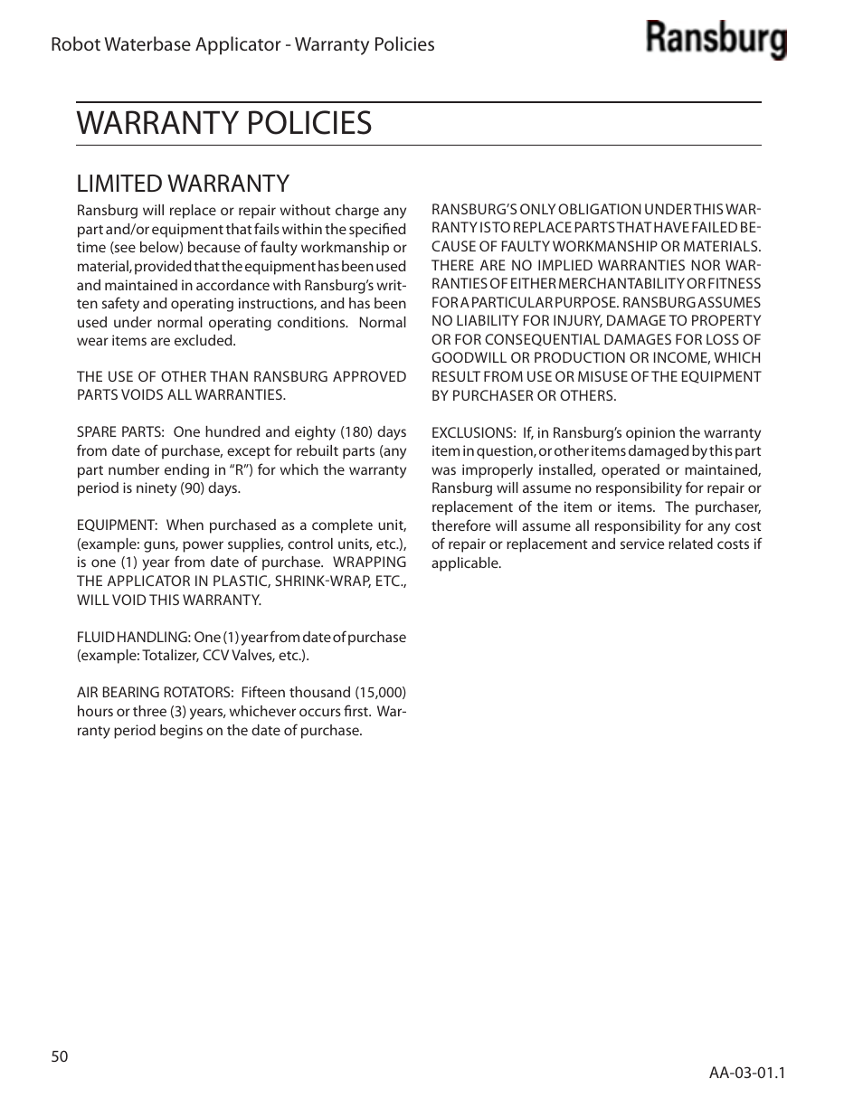 Warranty policies, Limited warranty | Ransburg Evolver Water Applicator 78863-90, 78863-60 User Manual | Page 54 / 60