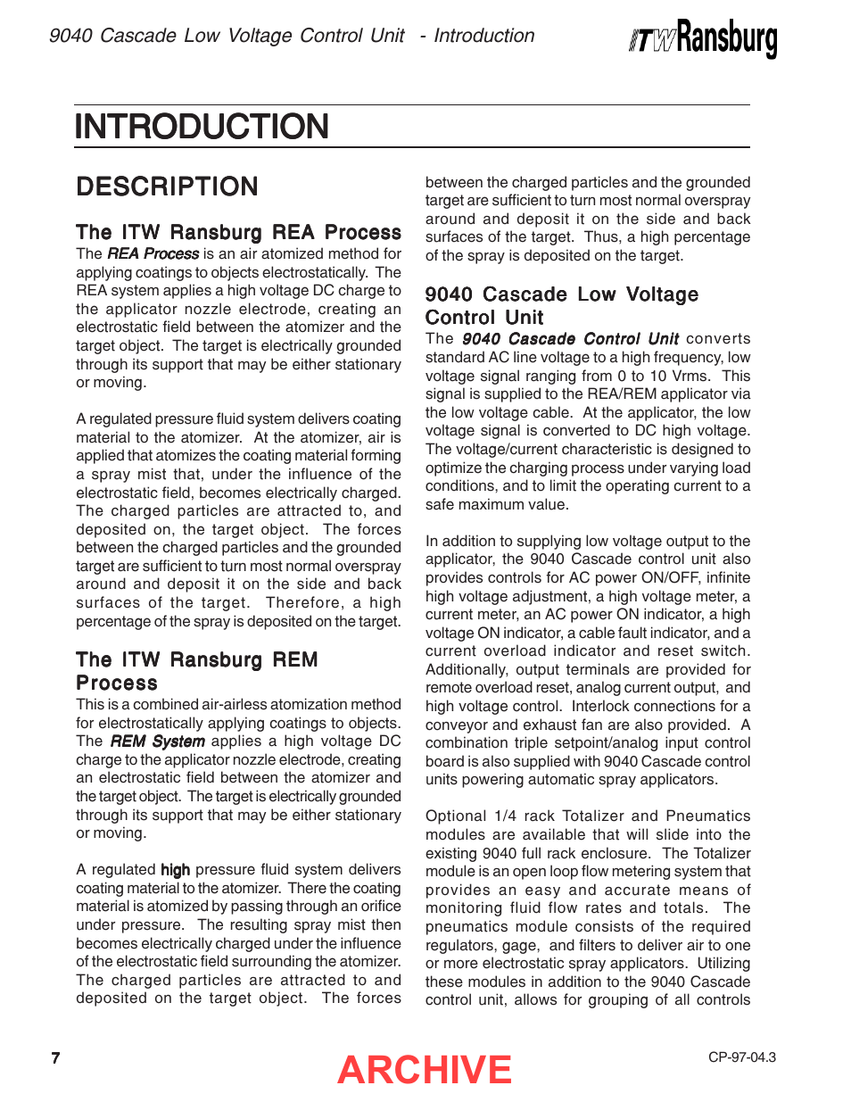 Introduction, Archive, Description | Ransburg 9040 Cascade LV Control Unit 76580 User Manual | Page 10 / 46