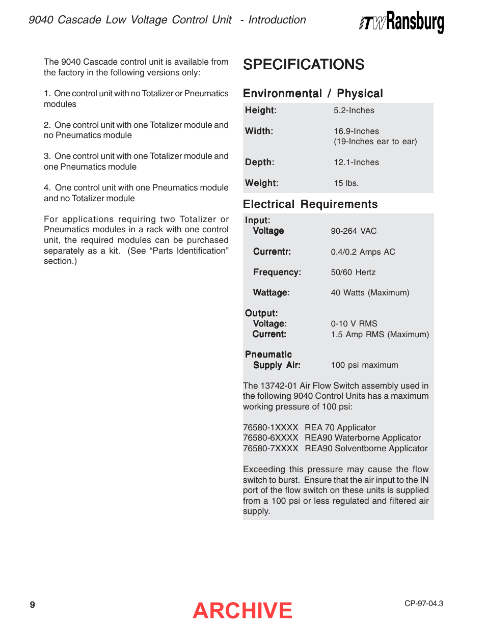 Archive, Specifica, Specifica specifications tions tions tions tions | Ransburg 9040 Cascade LV Control Unit 76580 User Manual | Page 12 / 46