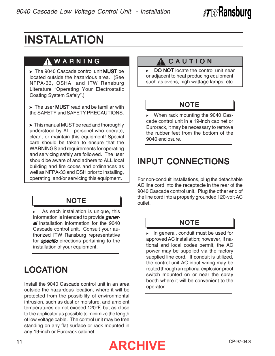 Installation, Archive, Inst | Loca, Loca location tion tion tion tion, Input connections | Ransburg 9040 Cascade LV Control Unit 76580 User Manual | Page 14 / 46