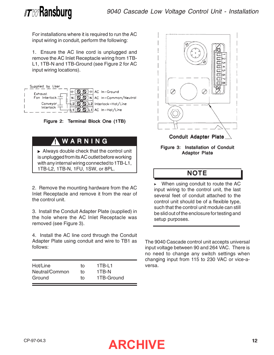 Archive, N o t e | Ransburg 9040 Cascade LV Control Unit 76580 User Manual | Page 15 / 46