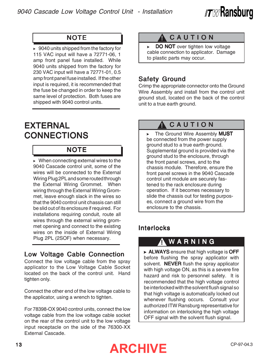 Archive, External | Ransburg 9040 Cascade LV Control Unit 76580 User Manual | Page 16 / 46