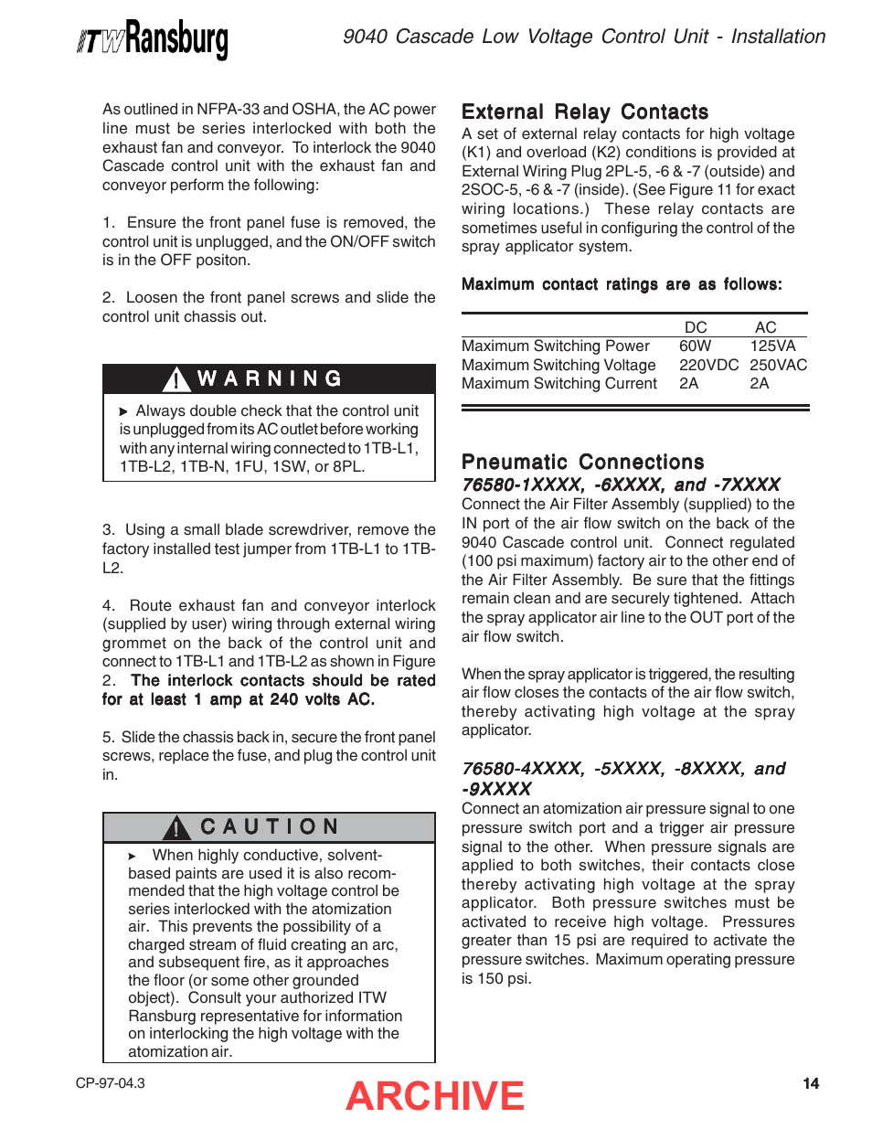 Archive | Ransburg 9040 Cascade LV Control Unit 76580 User Manual | Page 17 / 46