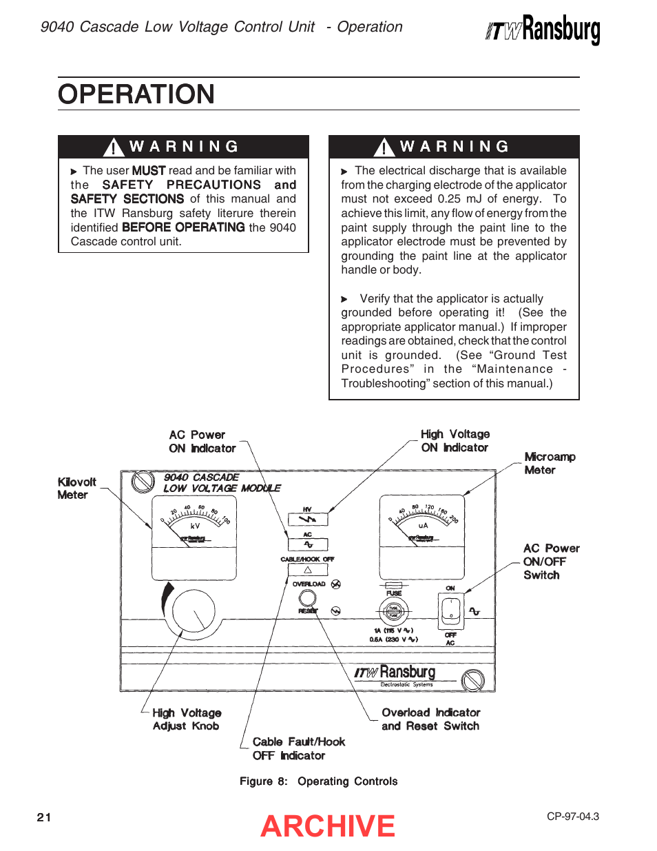 Operation, Archive, Opera | Opera operation tion tion tion tion | Ransburg 9040 Cascade LV Control Unit 76580 User Manual | Page 24 / 46