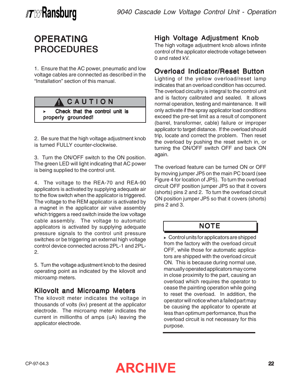 Archive, Opera | Ransburg 9040 Cascade LV Control Unit 76580 User Manual | Page 25 / 46