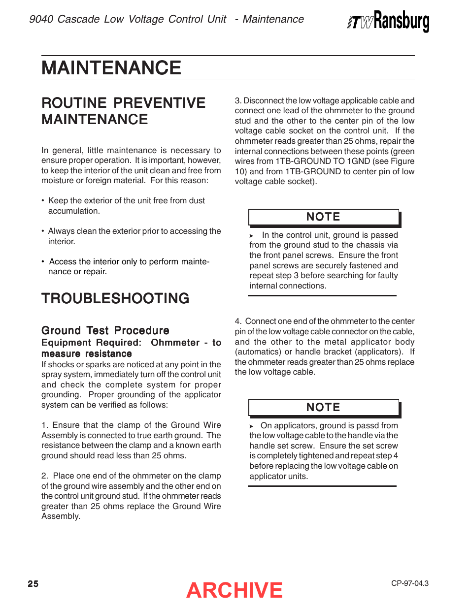 Maintenance, Archive, Routine preventive | Troubleshooting | Ransburg 9040 Cascade LV Control Unit 76580 User Manual | Page 28 / 46