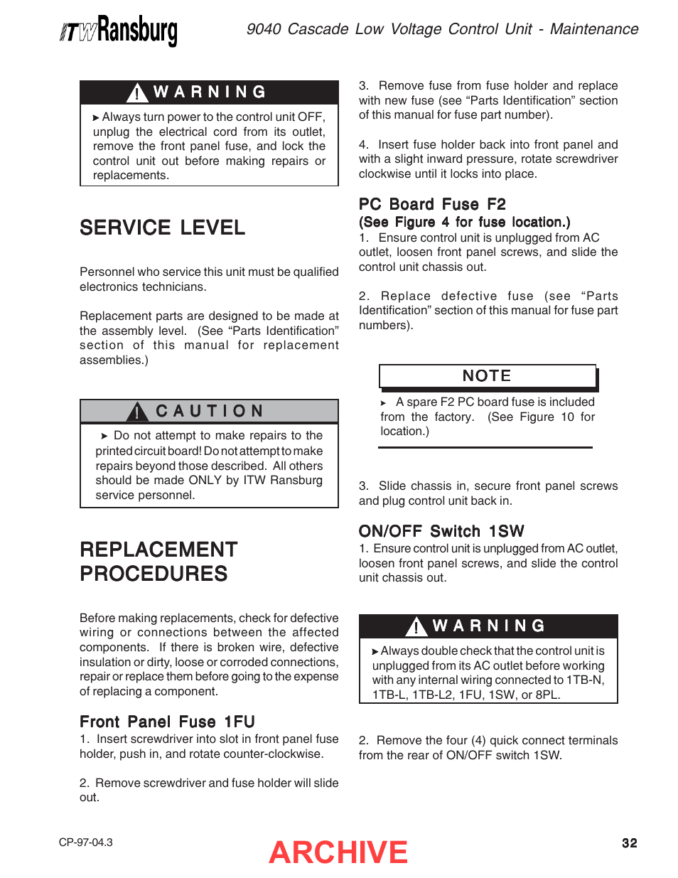 Archive, Service level, Replacement | Ransburg 9040 Cascade LV Control Unit 76580 User Manual | Page 35 / 46