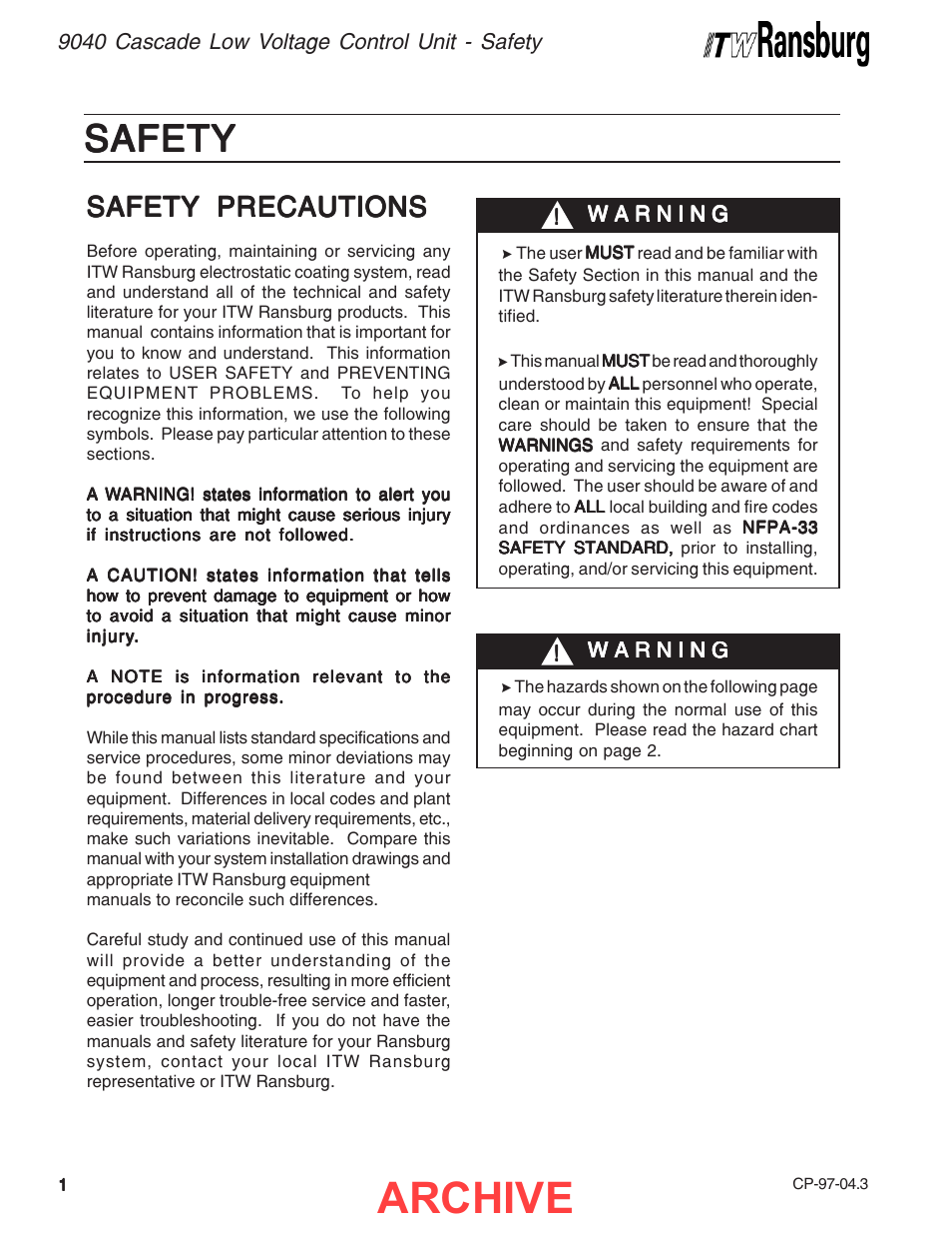 Safety, Archive, Safety precautions | Ransburg 9040 Cascade LV Control Unit 76580 User Manual | Page 4 / 46