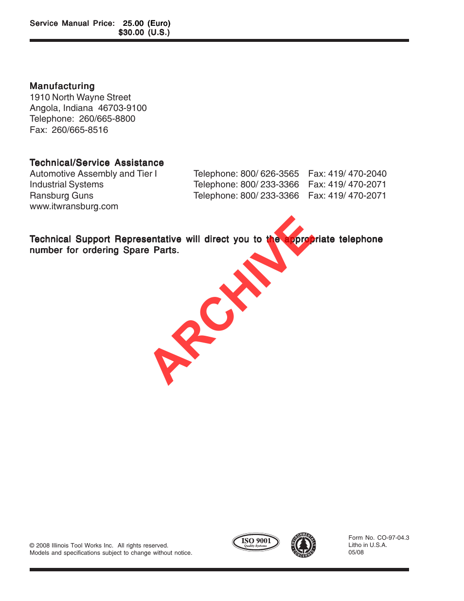 Contact information, Archive | Ransburg 9040 Cascade LV Control Unit 76580 User Manual | Page 46 / 46