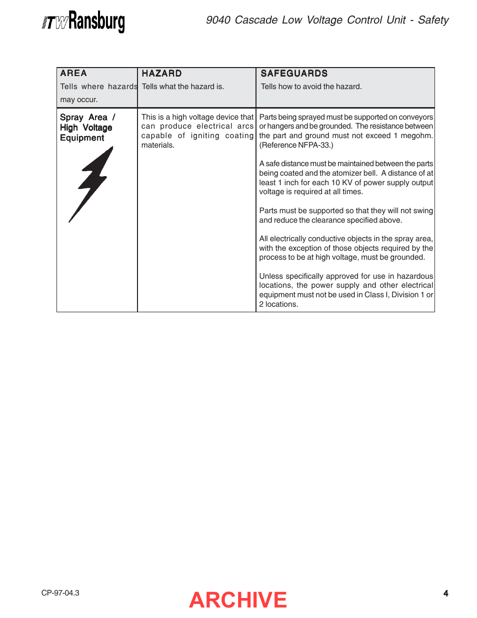 Archive, 9040 cascade low voltage control unit - safety | Ransburg 9040 Cascade LV Control Unit 76580 User Manual | Page 7 / 46