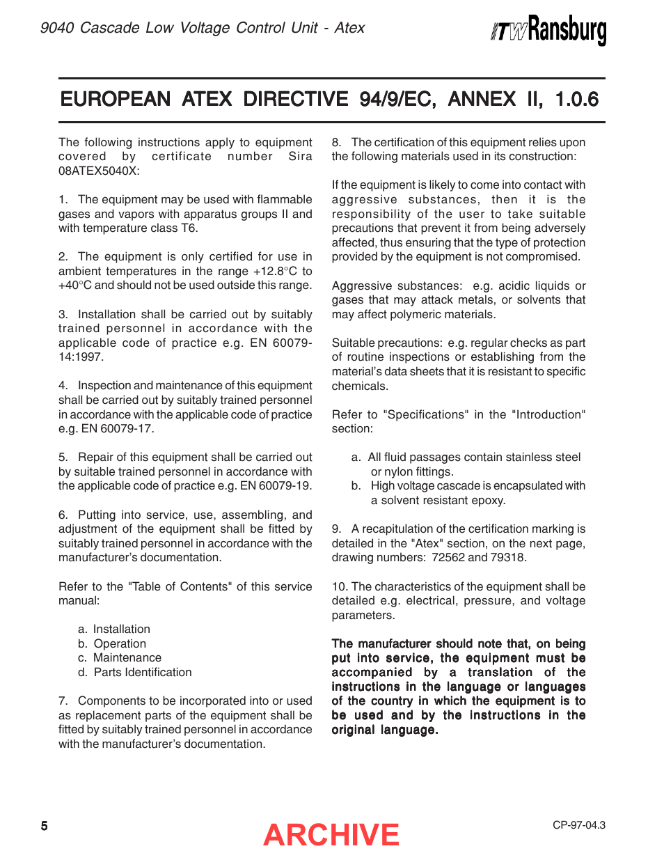 Atex, Archive, European a | Ransburg 9040 Cascade LV Control Unit 76580 User Manual | Page 8 / 46