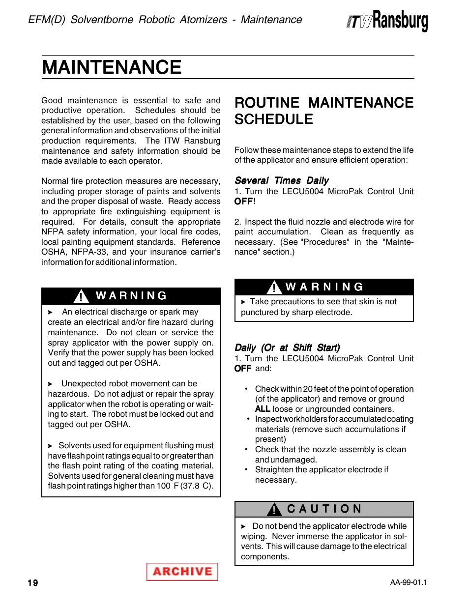 Maintenance, Routine maintenance | Ransburg EFM & EFMD Solvent Applicator 76480, 76482, 76485, 76488 User Manual | Page 24 / 78