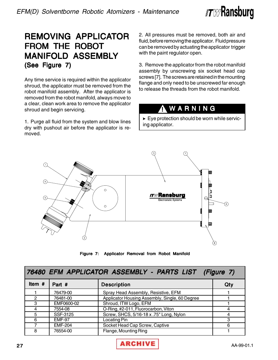 Removing applica | Ransburg EFM & EFMD Solvent Applicator 76480, 76482, 76485, 76488 User Manual | Page 32 / 78