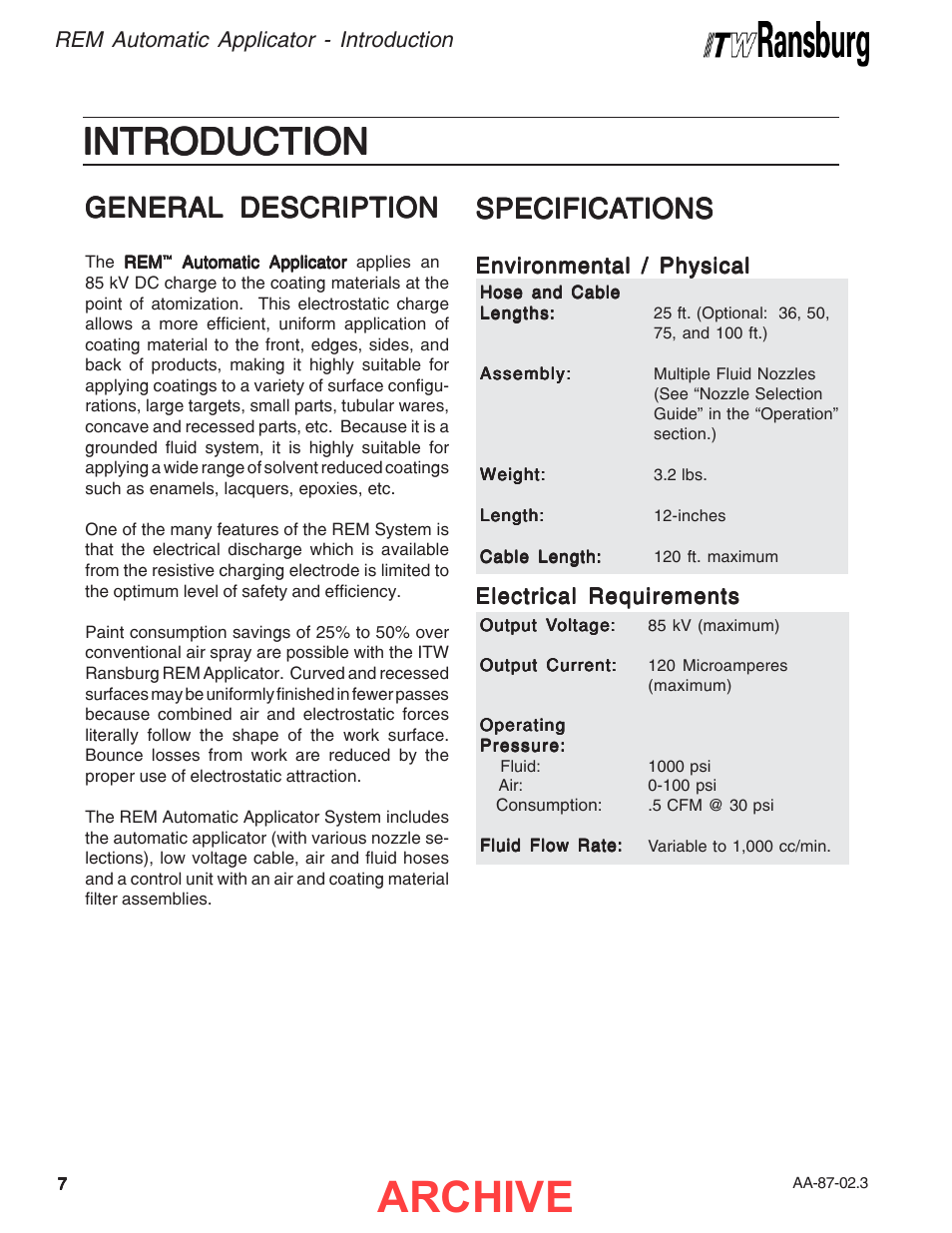 Introduction, Archive, General description | Specifica, Specifica specifications tions tions tions tions | Ransburg REM Automatic Applicator 73499 User Manual | Page 10 / 40
