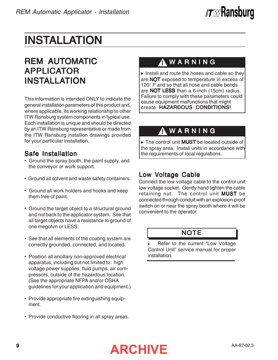 Installation, Archive, Inst | Rem aut | Ransburg REM Automatic Applicator 73499 User Manual | Page 12 / 40