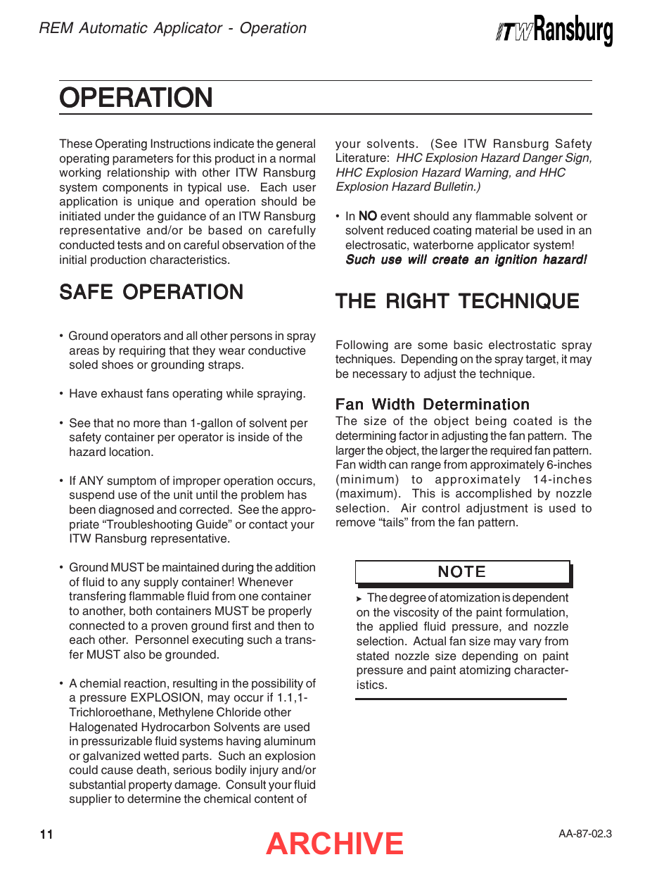 Operation, Archive, Opera | Opera operation tion tion tion tion, Safe opera, Safe opera safe operation tion tion tion tion, The right technique | Ransburg REM Automatic Applicator 73499 User Manual | Page 14 / 40