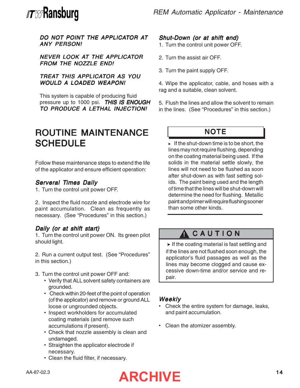 Archive, Routine maintenance, Rem automatic applicator - maintenance | Ransburg REM Automatic Applicator 73499 User Manual | Page 19 / 40